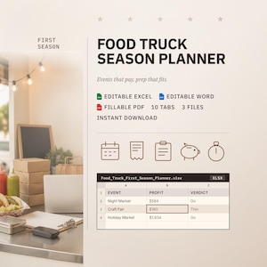 Planificador de la primera temporada para food trucks / Calculadora de ganancias para eventos, calendario de reservas, lista de preparación y niveles de existencias, registro de ventas y desperdicios / PDF de Excel