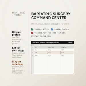 Könnte beinhalten: Bariatric Surgery Command Center digitaler Planer mit Bereichen für Protein, Phasen, Vitamine und Termine. Enthält bearbeitbare Excel-, Word- und ausfüllbare PDF-Formate mit 10 Registerkarten. Zeigt eine Tabellenvorschau zur täglichen Proteinverfolgung.