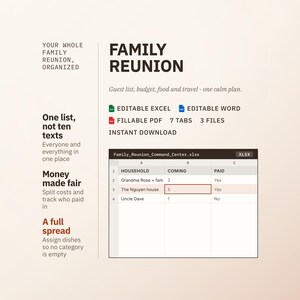 Op de afbeelding: Een digitale sjabloon voor familiereünies met de tekst FAMILY REUNION, Guest list, budget, food and travel - one calm plan. Bevat bewerkbare Excel- en Word-bestanden en invulbare PDF's met 7 tabbladen, 3 bestanden en een optie voor directe download.