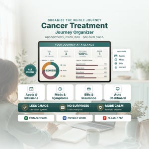Puede incluir: Un panel digital para organizar el tratamiento del cáncer con secciones para citas, medicamentos y facturas. La interfaz incluye barras de progreso, un gráfico circular e iconos para el seguimiento de datos de salud en formatos Excel, Word y PDF.