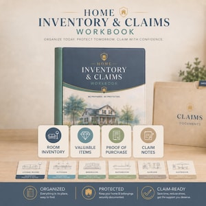 Peut inclure: Un classeur Home Inventory & Claims avec une couverture bleue illustrée d'une maison, accompagné d'un dossier beige assorti étiqueté Claims Documents, quatre cartes carrées de catégories et six cartes rectangulaires par pièce.
