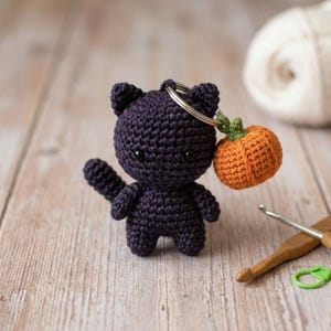 Black Cat Amigurumi Crochet Pattern PDF, Halloween Pumpkin Keychain, Cute Crochet Keyring, Digital Pattern Photo Guide
