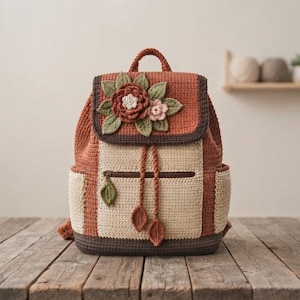 May include: A crochet backpack featuring a rust-orange and cream color scheme with a dark brown base and trim. The flap is decorated with three-dimensional crocheted flowers and leaves. It includes a front zippered pocket and braided drawstrings.