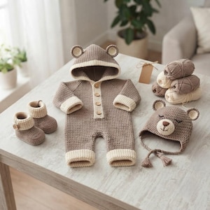 May include: A crocheted baby set featuring a light brown hooded romper with cream trim and four wooden buttons, a pair of matching booties with cream cuffs and wooden buttons, and a bear-themed hat with ears and a sleeping face, plus yarn.