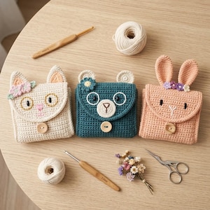Cute Animal Crochet Wallet Pattern PDF, Cat Coin Purse Pattern, Bunny Wallet Crochet Tutorial, Bear Wallet DIY, Step by Step Images
