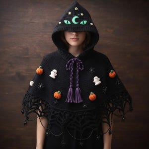 May include: A black crocheted hooded cape featuring a hood with green cat eyes and a crescent moon, decorated with small orange pumpkins, white ghosts, and black spider motifs. The hem has a web-like lace pattern with dangling black beads.