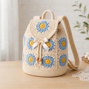 Crochet Daisy Backpack Pattern PDF, Granny Square Flower Backpack Tutorial, Cottagecore Bag with Step by Step Images