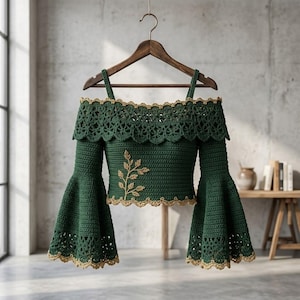 Puede incluir: Un top de ganchillo verde oscuro con hombros descubiertos y mangas largas acampanadas con detalles de encaje en los puños y el dobladillo. La prenda incluye un diseño bordado de rama de hojas en color dorado y un borde festoneado dorado.