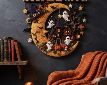 May include: A crescent moon wall hanging featuring a crocheted yellow moon with a face, a purple witch hat, a dark house, white ghosts, orange pumpkins, and hanging stars. The piece is suspended from a wooden rod with black yarn accents.