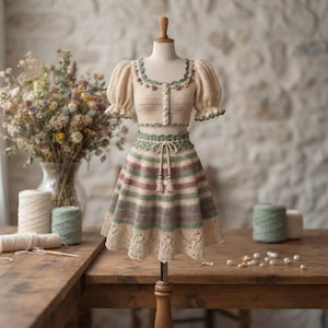 Op de afbeelding: Een tweedelige gehaakte set bestaande uit een crèmekleurige crop top met pofmouwen en een vierkante halslijn versierd met kleine bloemaccenten, gecombineerd met een bijpassende gestreepte rok in groen, roze en crème met een kanten zoom.