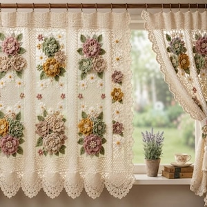 May include: An off-white crochet curtain panel featuring intricate floral motifs in shades of dusty rose, sage green, and mustard yellow. The design includes three-dimensional flower clusters, small white daisy accents, and a scalloped bottom edge.