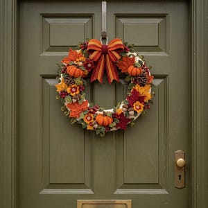 Può includere: Una ghirlanda autunnale decorata con zucche arancioni, foglie d'acero rosse e gialle, pigne marroni e piccole ghiande realizzate all'uncinetto. Un grande fiocco a righe arancioni, rosse e gialle è fissato sulla parte superiore.