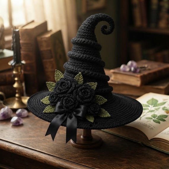 Crochet Witch Hat Pattern PDF, Halloween Costume Hat Tutorial, Spiral Witch Hat with Flowers, Instant Digital Download, Photo Guide