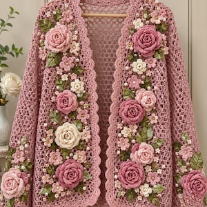 Puede incluir: Un cárdigan de ganchillo rosa con un patrón de malla abierta y un borde festoneado. La parte delantera y las mangas están decoradas con rosas de ganchillo tridimensionales en tonos rosa y crema, hojas verdes y pequeñas perlas blancas.