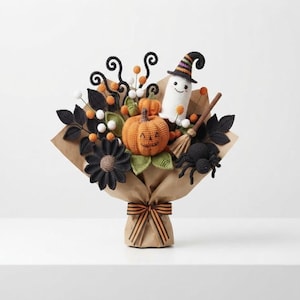 Halloween Crochet Bouquet Pattern PDF, Ghost Pumpkin Bouquet Crochet Tutorial, Spooky Fall Decor Pattern, Step By Step Photos