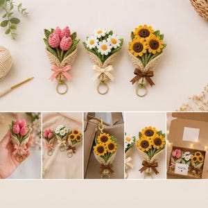 Crochet Tulip Daisy Sunflower Bouquet Pattern PDF, 3 in 1 Flower Keychain Tutorial, Digital Crochet Pattern, Image Guide
