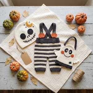 May include: A crochet set featuring a white beanie with a black skull face and yellow moon, black and white striped overalls with orange pumpkin buttons, and a white ghost-shaped bag with black eyes, a spider, and orange cheeks.