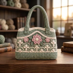 Può includere: Una borsa all'uncinetto color verde salvia con un motivo smerlato color crema lungo la base e un motivo floreale centrale. La borsa include due manici robusti ed è decorata con fiori all'uncinetto tridimensionali rosa e crema.