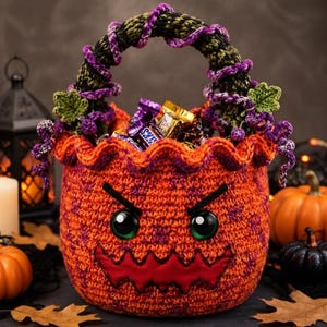 May include: A crocheted orange and purple basket featuring a jack-o'-lantern face with green eyes and a red jagged mouth. The handle is wrapped in purple and green yarn with crocheted leaves, and the basket is filled with assorted candy bars.