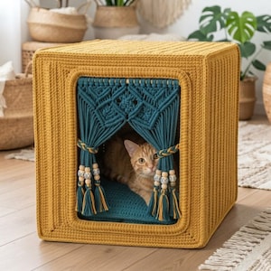 Crochet Cat House Pattern PDF, Boho Cat Cave Tutorial, Macrame Curtain Cat Bed, Digital Pattern with Photo Guide