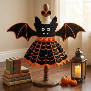 May include: A black and orange crocheted bat-themed dress featuring large wings, a bodice with white eyes and fangs, a waistline decorated with small pumpkins, and a skirt patterned with a spiderweb design, a black spider, and purple stars.