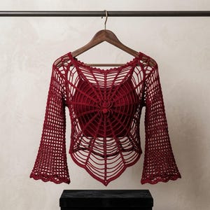 Könnte beinhalten: Ein dunkelrotes, langärmeliges Häkeloberteil mit einem komplizierten Spinnennetz-Muster auf der Vorderseite und an den Ärmeln. Das Kleidungsstück verfügt über ein zentrales Spinnenmotiv und einen gewellten Saum, präsentiert auf einem Holzkleiderbügel.