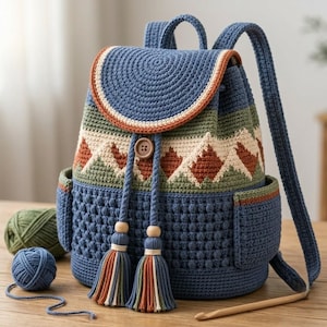 Peut inclure: Un sac à dos en crochet bleu doté d'un rabat circulaire avec une bordure orange et blanche, un bouton en bois central et deux longs cordons terminés par des pompons multicolores. Le sac présente un corps texturé avec des poches latérales.