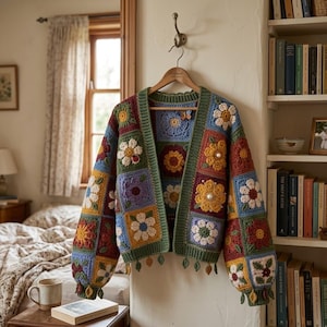 Häkelmuster für eine Strickjacke mit Blumenmuster, botanischer Patchwork-Pullover, quadratische Jacke im Oma-Stil, Vintage-Boho-Häkelkleidung, digitale PDF-Datei