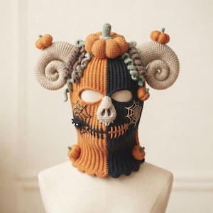 Crochet Skull Balaclava Pattern PDF, Pumpkin Ram Horn Hood, Halloween Mask Pattern, Gothic Cosplay Crochet Tutorial