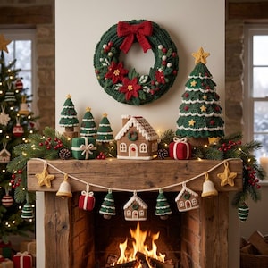 May include: A crocheted Christmas display featuring a green wreath with red poinsettias and a bow, a gingerbread house, and several small crocheted Christmas trees. A garland with crocheted stars, bells, gifts, and houses hangs from the mantel.