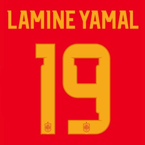 Peut inclure: Un maillot de sport rouge vif affichant le nom LAMINE YAMAL en lettres capitales jaunes en haut. En dessous, le grand numéro 19 jaune est imprimé, avec un petit emblème de l'écusson national espagnol à la base de chaque chiffre.
