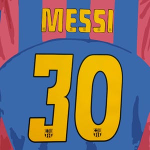 May include: A blue and red striped sports jersey featuring the name MESSI in yellow letters above the large yellow number 30. The number 30 includes a small FC Barcelona crest at the base of each digit, set against a blue background.