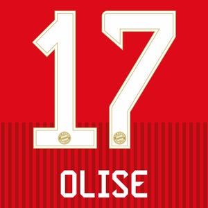 May include: A red sports jersey back featuring the white number 17 with a thin gold outline and the FC Bayern Munchen logo at the base of each digit. Below the number, the name OLISE is printed in white block letters over a vertical striped pattern.