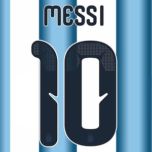 May include: A sports jersey featuring vertical light blue and white stripes. The name MESSI is printed in dark navy blue above a large number 10. The number 10 has a dotted texture at the top and a small emblem at the bottom of each digit.