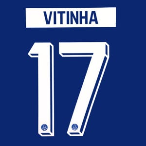 May include: A dark blue sports jersey back featuring the name VITINHA printed in white capital letters above the large white number 17. The number 17 has a three-dimensional block style with a small circular blue and white logo at the base.