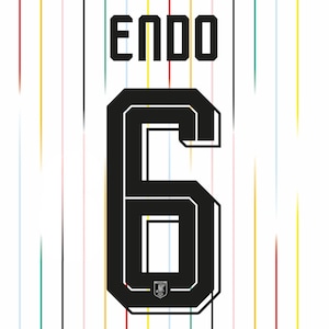May include: A white sports jersey featuring the name ENDO in black block letters above a large black number 6. The number 6 includes a small emblem at the bottom. The background consists of thin vertical stripes in red, yellow, green, and blue.