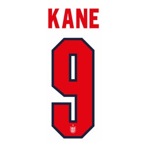 May include: A white sports jersey back featuring the name KANE in bold red capital letters above a large red number 9 with a dark blue outline. A small emblem featuring three lions and a star is centered at the bottom of the number 9.