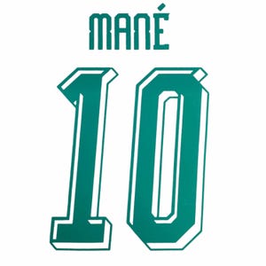 May include: A white sports jersey graphic featuring the name MANÉ in dark teal block lettering positioned above the number 10. The number 10 is rendered in a large, bold dark teal font with a white outline and a three-dimensional shadow effect.