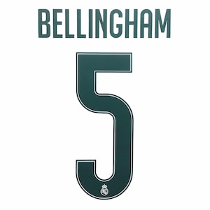 May include: A dark green sports jersey graphic featuring the name BELLINGHAM in bold capital letters above a large number 5. The number 5 includes a thin white outline and a small white Real Madrid club crest logo at the bottom center.