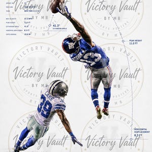 May include: A sports poster titled PROJECTILE: OBJ featuring Odell Beckham Jr. in a blue New York Giants uniform leaping to catch a football against a Dallas Cowboys player. The graphic includes technical data, measurements in feet, and text.