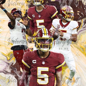 May include: A sports poster featuring a football player in a burgundy and gold uniform with the number 5, shown in four different action poses against a swirling yellow and burgundy background with the text Victory Vault by MB repeated.