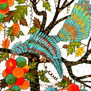Vintage Batik Wandbehang aus Sri Lanka – Vögel Obstbaum Baumwolle Textil 1970er Jahre