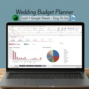 May include: A laptop screen displaying a Wedding Budget Planner spreadsheet for Excel and Google Sheets. The interface shows financial data, a bar chart titled Budget vs. Actual by Category, and a pie chart titled Where the Money Goes.