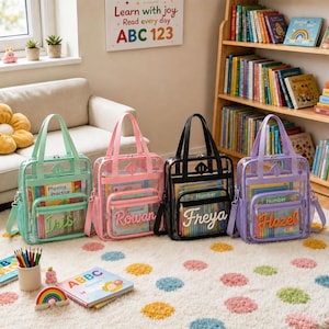 Mochila transparente personalizada con nombre para preescolar, mochila escolar impermeable, bolso bordado rosa y morado para niños, regalo para el primer día de clases