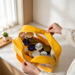 Puede incluir: Un neceser rectangular de color amarillo brillante con paneles laterales de pl&aacute;stico transparente. El neceser est&aacute; abierto, revelando varios frascos y tarros cosm&eacute;ticos cil&iacute;ndricos con tapas met&aacute;licas y blancas organizados en su interior.