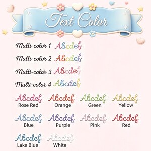 Puede incluir: Una carta de colores con el texto 'Text Color' sobre una pancarta azul claro con corazones y estrellas. Muestra cuatro opciones multicolor y doce opciones de colores s&oacute;lidos etiquetados como Rose Red, Orange, Green, Yellow, Blue, Purple, Pink, Red, Lake Blue y White.