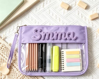 Cartella con manico trasparente e nome ricamato 2026, piccolo astuccio per matite, pochette trasparente, borsa per libri scolastici impermeabile, borsa trasparente per biblioteca per bambini