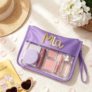 Regalo de Navidad personalizado / Bolsita transparente con nombre personalizado / Neceser de maquillaje con bordado de hilo 3D / Intercambio de regalos de amigo invisible / Regalo para rellenar calcetines navideños