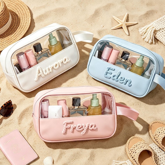 Custom Hanging Toiletry Bag Clear Makeup Organizer, Expandable Travel Cosmetic Case with Hook, Personalized Bridesmaid Gift 3 Sizes