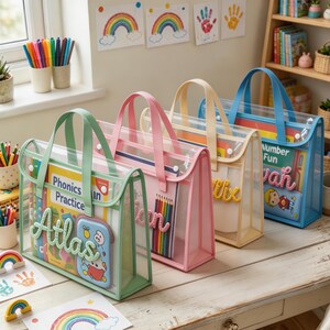 A4-Ordner mit besticktem Namen, durchsichtiger Tragegriff, wasserdichte Schultasche, transparente Bibliothekstasche für Kinder, personalisiertes Geschenk für Lehrer